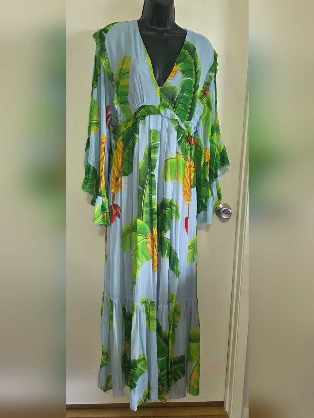 Farm Rio Tropical Banana Leaf Print Bell Sleeve Ruffle Maxi Dress
